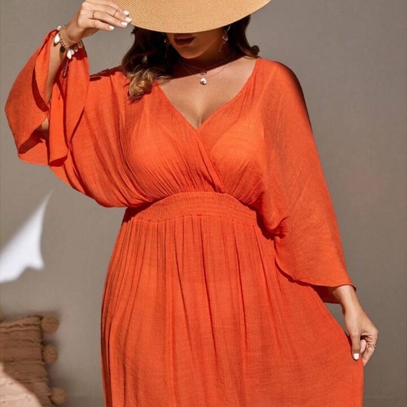 SHEIN Swim Curve Plus Size Solid Batwing Sleeve Cover Up Dress - Picture 1 of 7